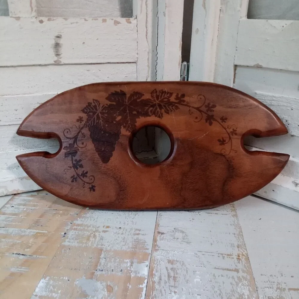 Monkey Pod Wood Wine Butler Caddy Glass Holder Laser Engraved Grapes Gift 10